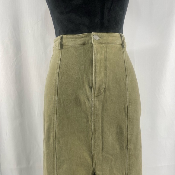 Edit by nine olive,army green stretch denim midi skirt with front slit,Large - Picture 2 of 9